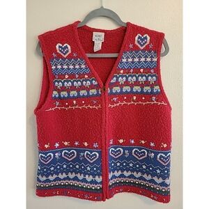 Koret‎ City Blues Crochet Button Zip Vest Womens L Red Floral Blue